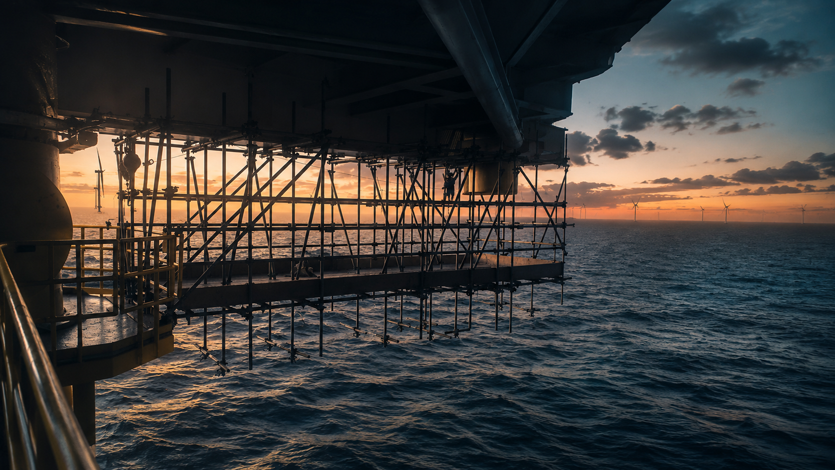 Andaime tubo roll (tube-and-clamp) em estrutura offshore - NR-37 remete a NR-34 - Token Locacoes